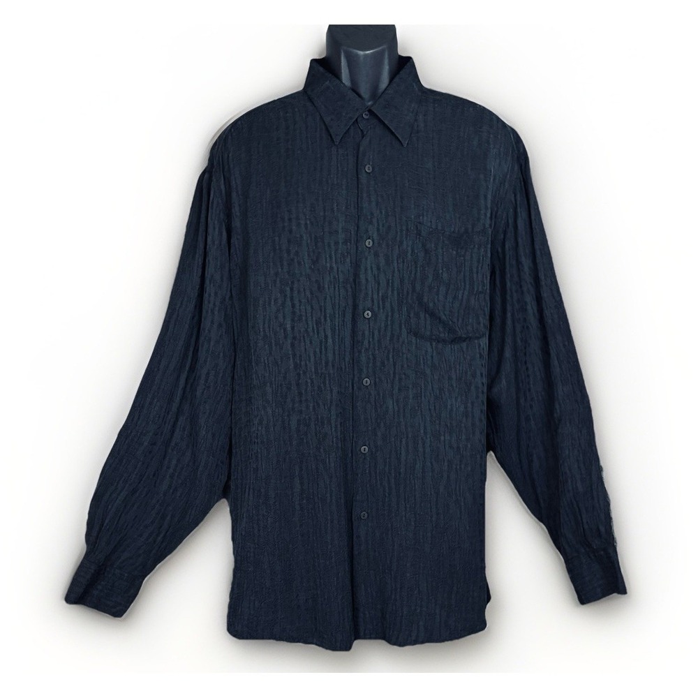 VTG Jhane Barnes Button Up Shirt Mens XXL Black Textured Long Sleeve Italy Cupro